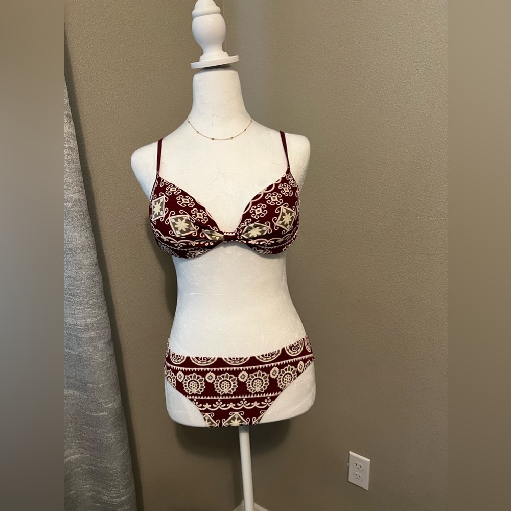 Burgundy and Tan Two Piece Bathing Suit